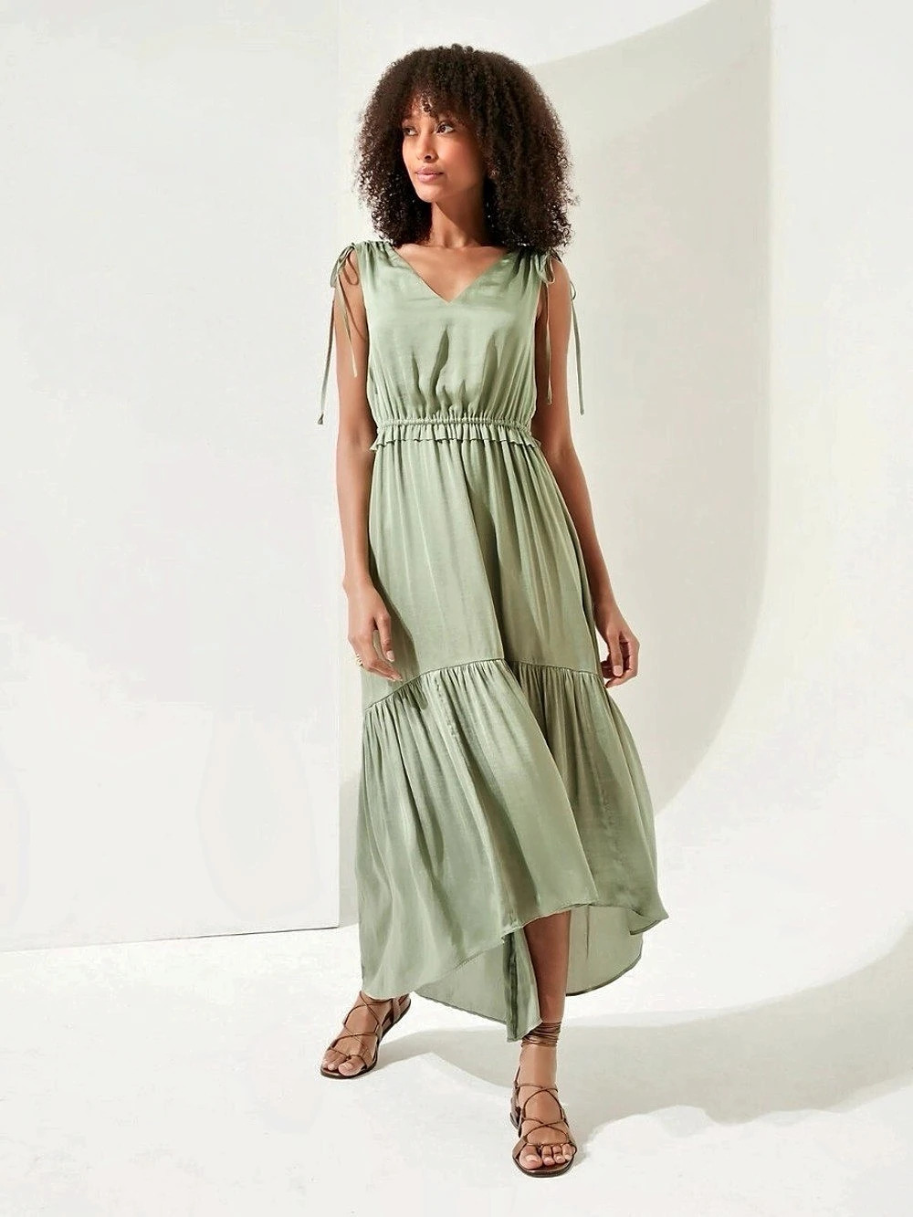 Banana Republic Jessie Satin High and Low Maxi Dress Green Size 8